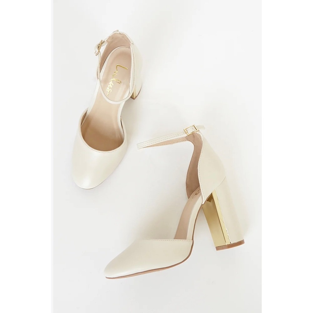 Lulus Elsi Cream Vegan Leather Ankle Strap Block Heels Gold Detail Size 7.5